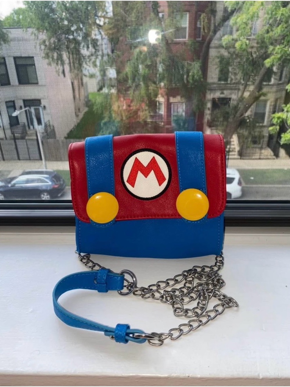 Red & Blue Mini Crossbody Bag with Super Mario-Emblem real leather